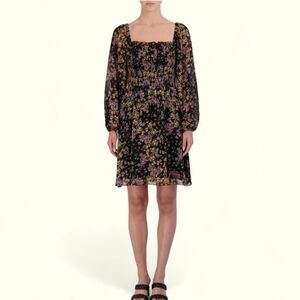 BCBG Paris Smocked Long Sleeve Black Floral Dress Sz XL